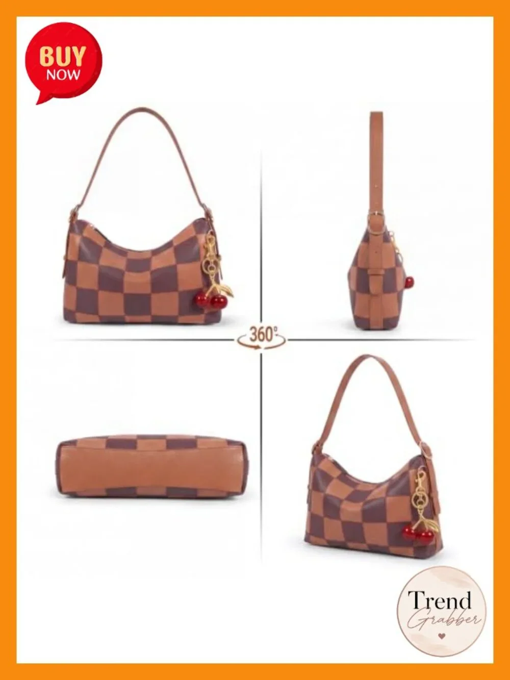Vegan Leather Checkered Hobo Shoulder Bag with Cherry Charm - Medium Slouchy